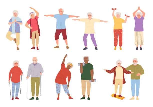 Healthy active lifestyle older people cartoon set